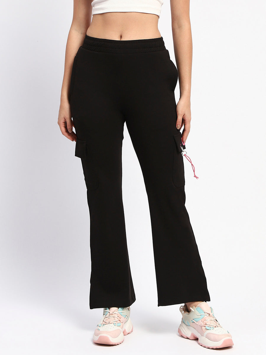 mSECRET Flap Patch Cotton Solid Black Wide Leg Trousers