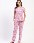 mSECRET Pink Button-Down Night Suit Set with Blue Floral Print