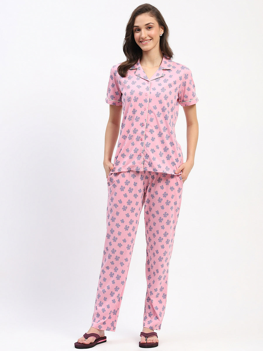 mSECRET Pink Button-Down Night Suit Set with Blue Floral Print