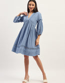 Madame Puff Sleeve Fit And Flare Cotton Blue  Midi Dress