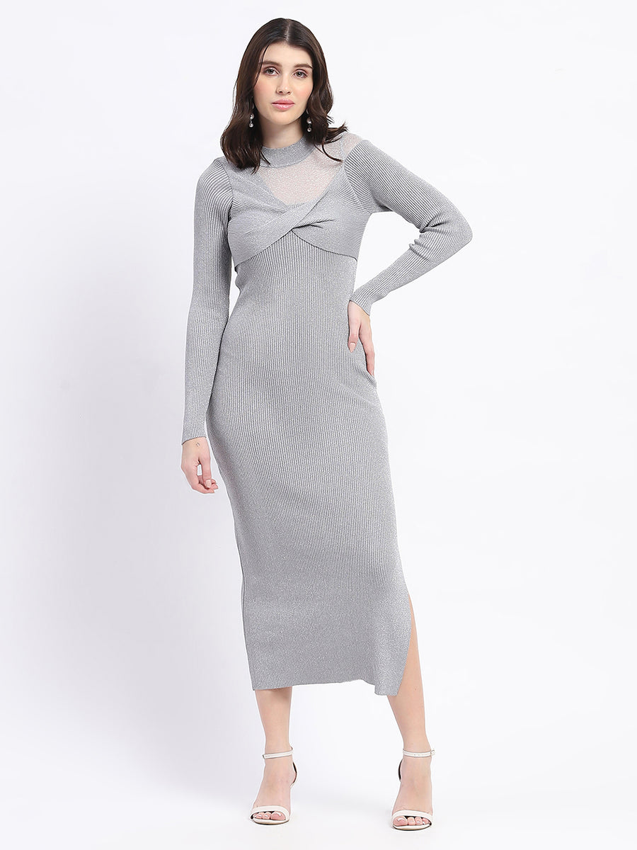 Madame Twisted Detailing Ribbed Bodycon Grey Dress