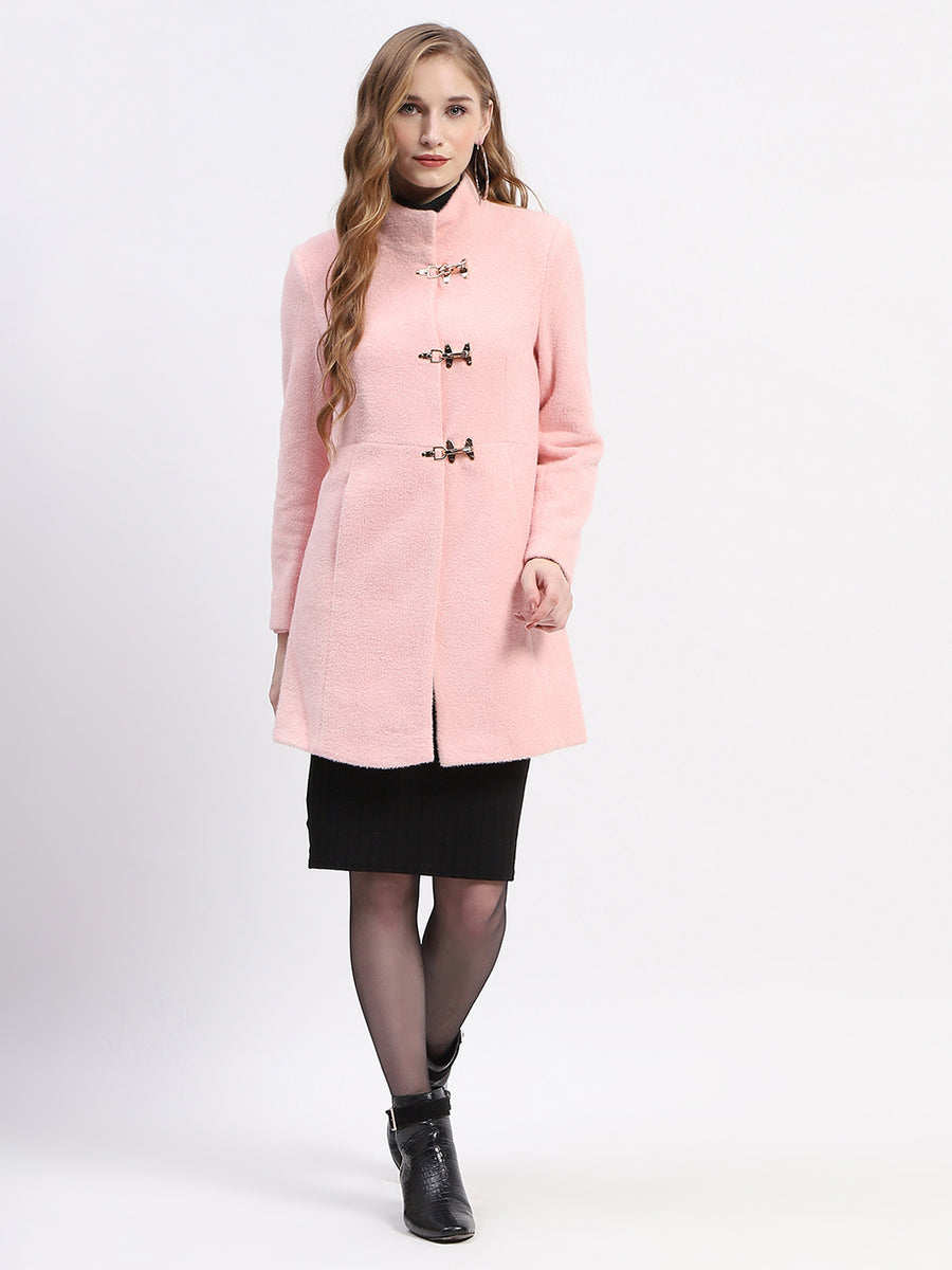 Madame Pink Mandarin Neck Full Sleeve Long Coat