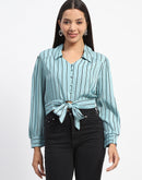 Madame Self Belted Waist Striped Aqua Blue Shirt