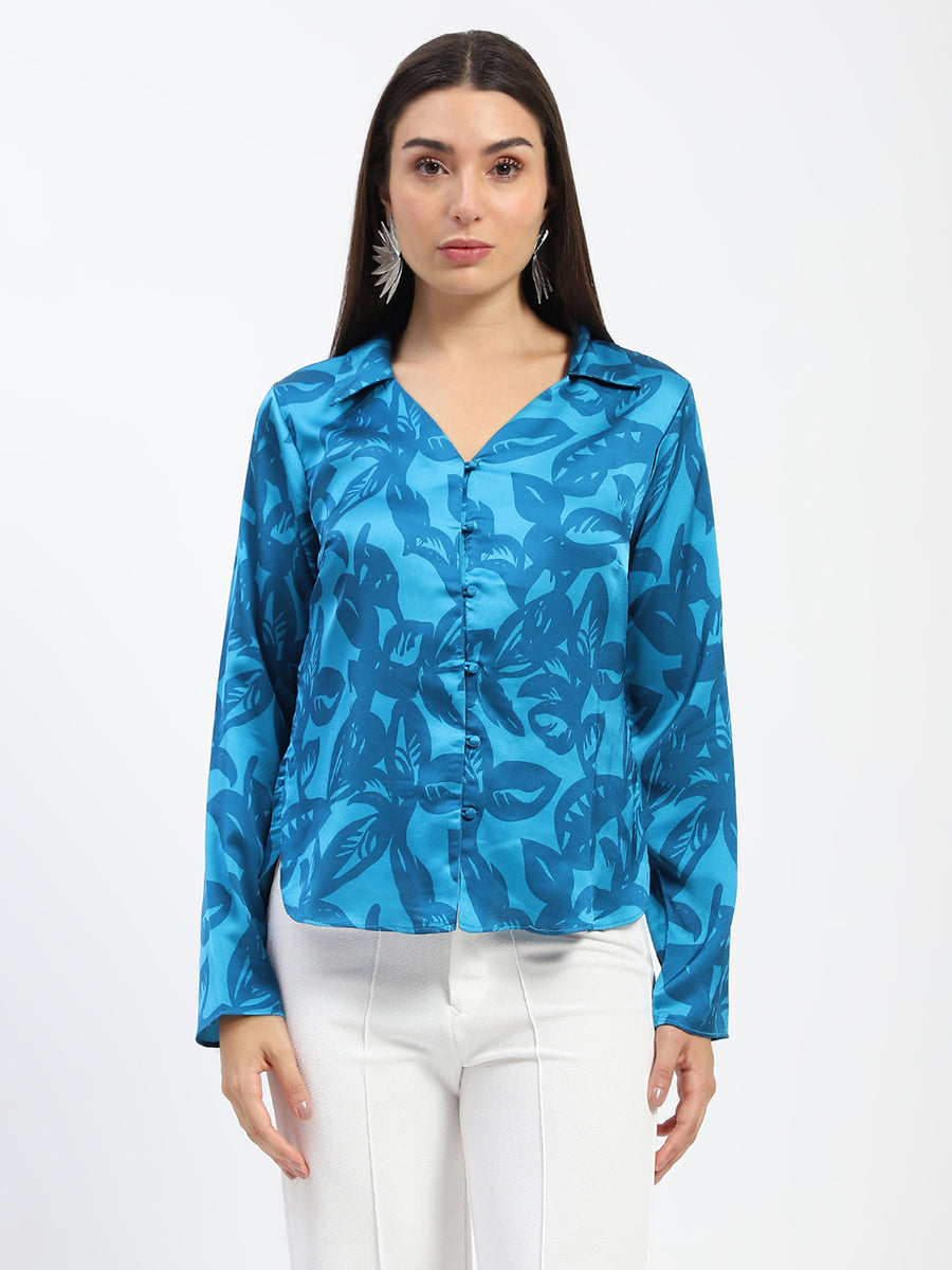 Madame Blue Leaf Print Shirt