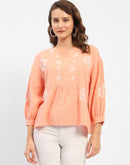 Madame Balloon Sleeve Peach Chikankari Work Top