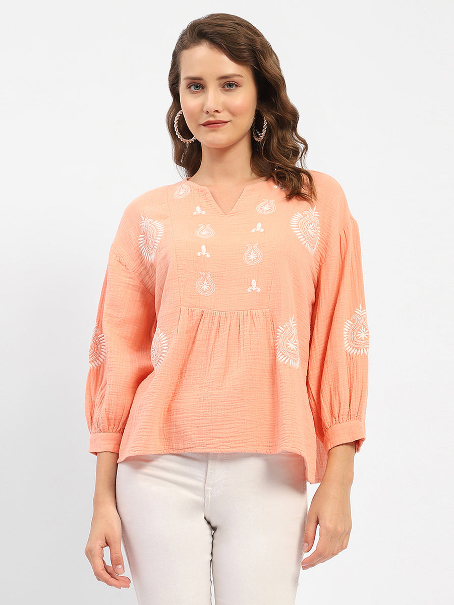 Madame Balloon Sleeve Peach Chikankari Work Top