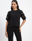 Madame Embroidered Crew Neck Black Mesh Top