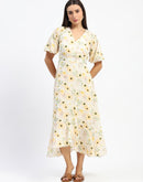 Madame Floral Print Wrap Detailed Yellow Midi Dress