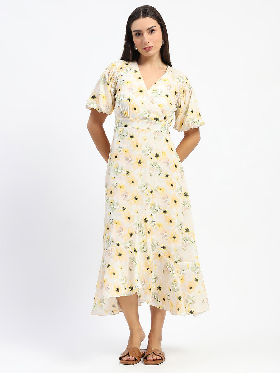 Madame Floral Print Wrap Detailed Yellow Midi Dress