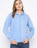 Madame Fleece Placement Printed Zipped Powder Blue Hooded Sweatshirt