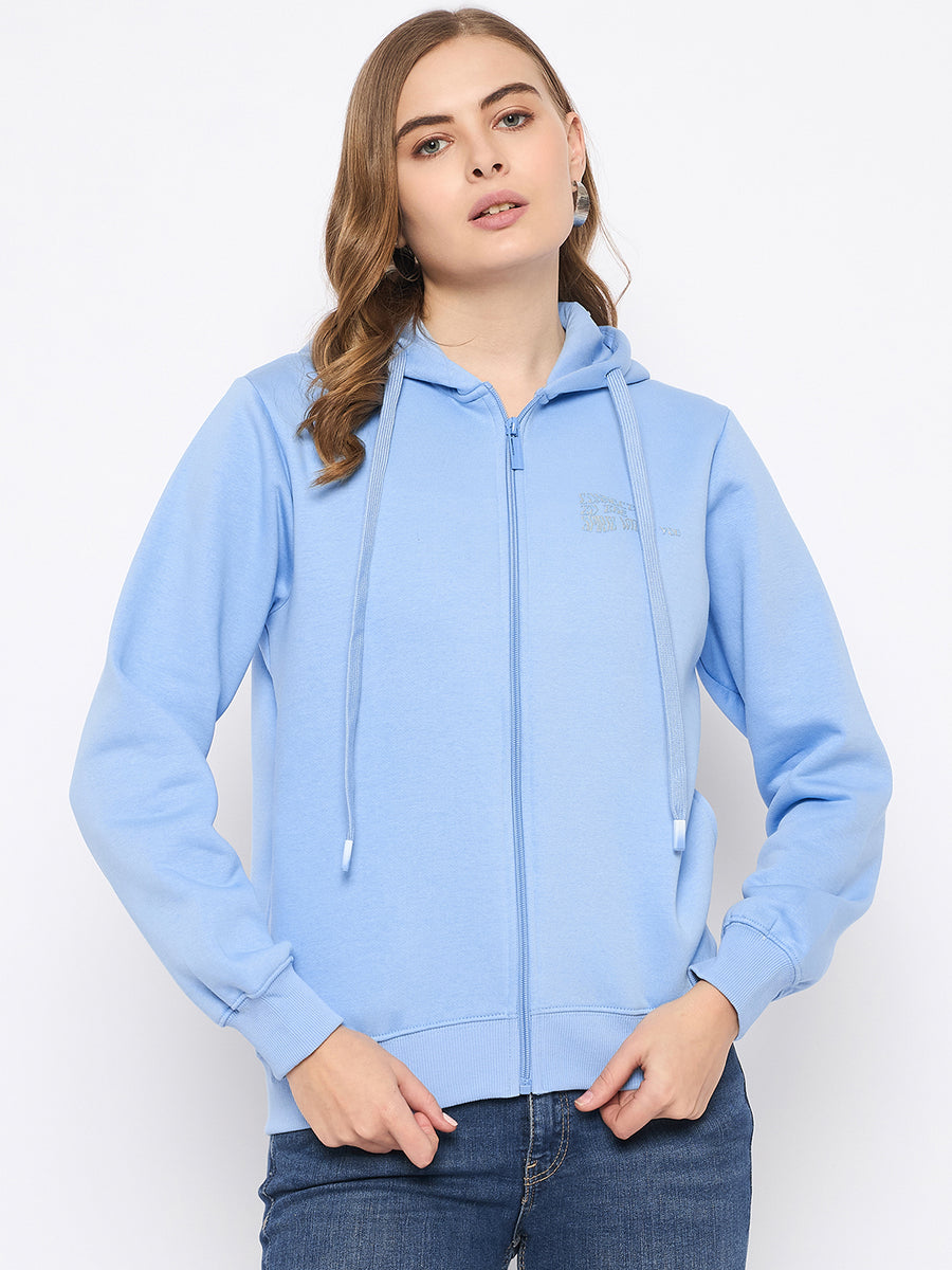 Madame Fleece Placement Printed Zipped Powder Blue Hooded Sweatshirt