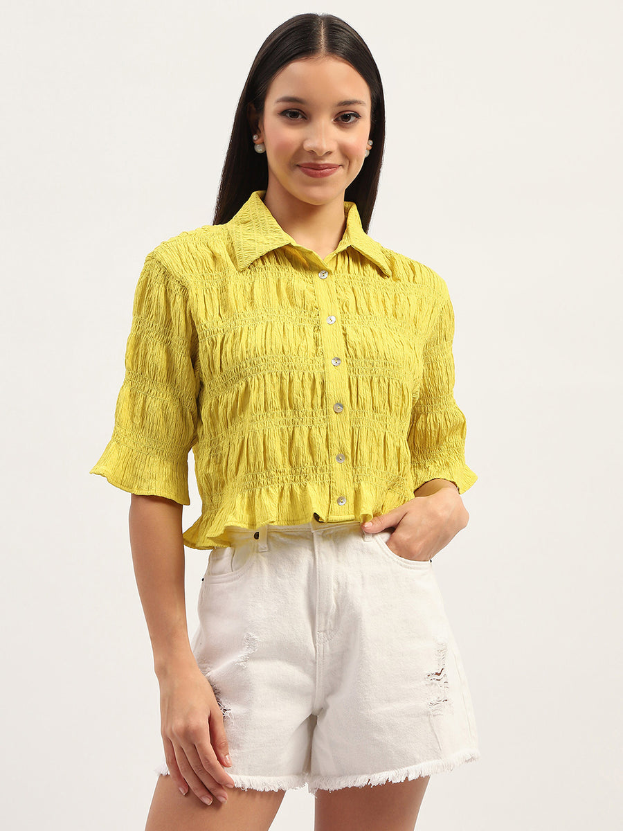 Madame Pleated Detailing Solid Lime Shirt