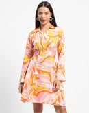 Madame Cinch Waist Abstract Print Bell Sleeves Orange Dress