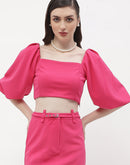 Madame Square Neck Hot Pink Balloon Sleeve Crop Top