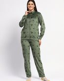 mSECRET Typography Adorned  Zipped Top and Bottom Green Cotton Night Suit