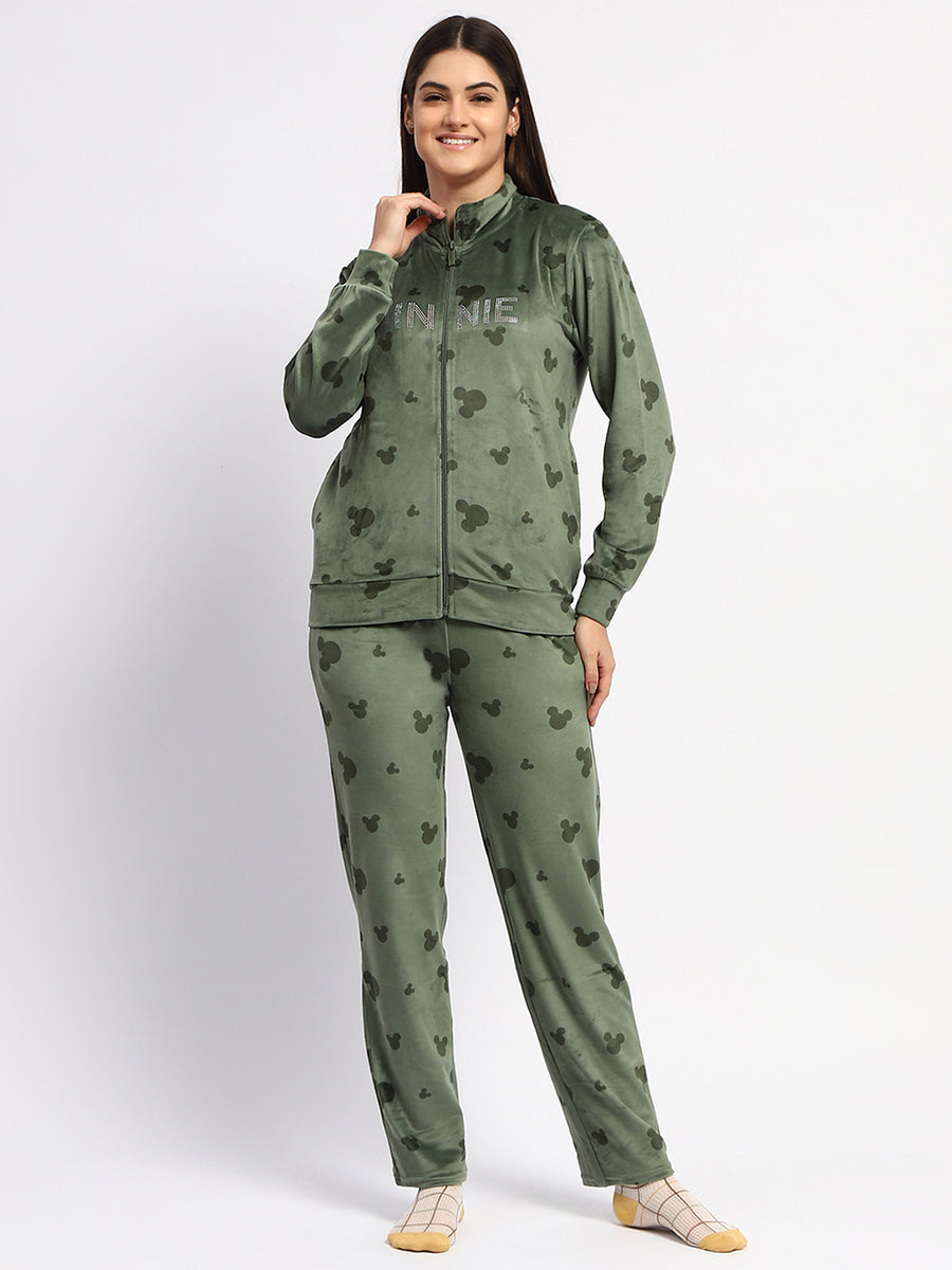 mSECRET Typography Adorned  Zipped Top and Bottom Green Cotton Night Suit