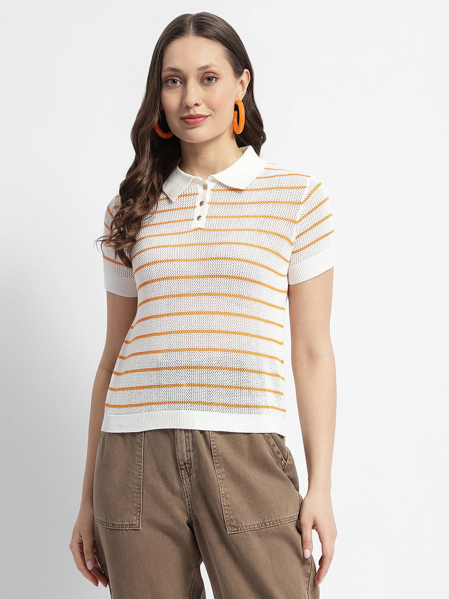 Madame Orange Striped Polo Neck T-Shirt