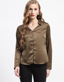 Madame Satin Bell Sleeve Collared Solid Olive Green Top