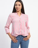 Madame Striped Mandarin Collar Pink Button Down Shirt