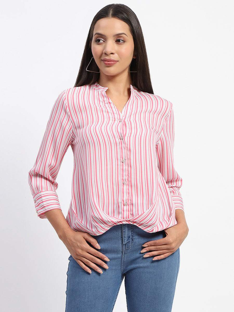 Madame Striped Mandarin Collar Pink Button Down Shirt