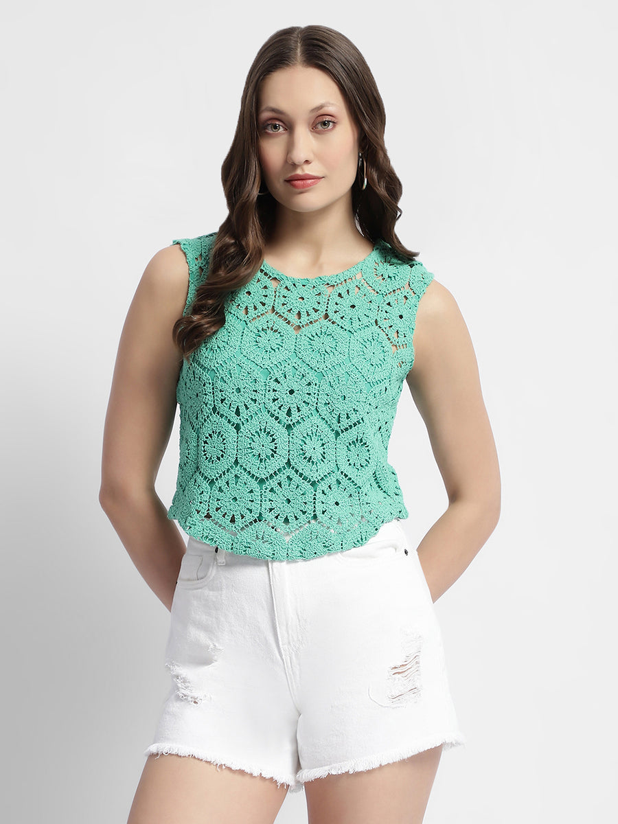 Madame Sleeveless Turquoise Green Crochet Top