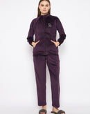 mSECRET Velour Branding Zipped Deep Wine Top and Bottom Night Suit