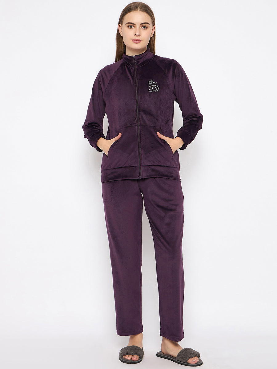 mSECRET Velour Branding Zipped Deep Wine Top and Bottom Night Suit