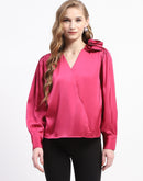 Madame Hot Pink Drape Top with Flower Applique