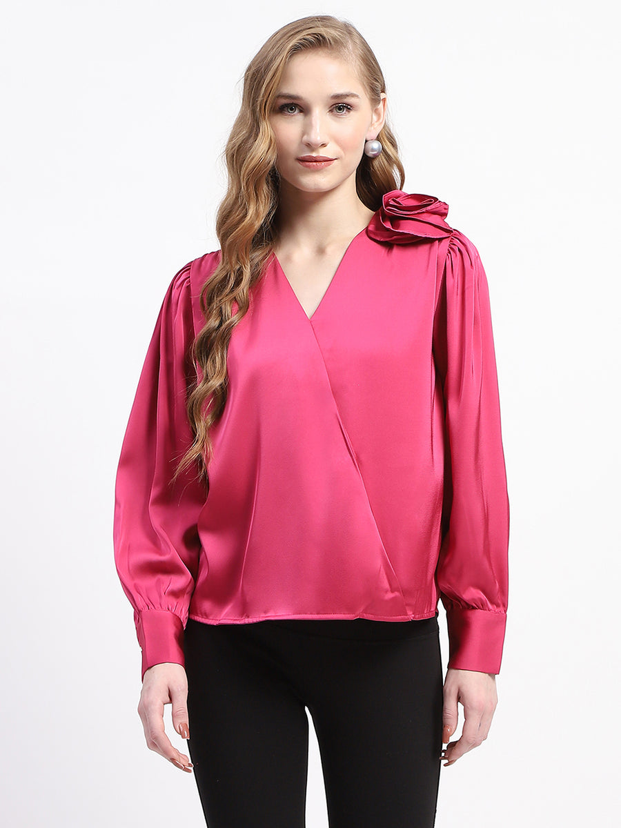 Madame Hot Pink Drape Top with Flower Applique