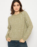 Madame Self Design Round Neck Green Sweater