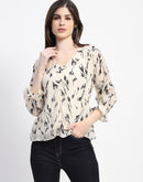 Madame Abstract Print V- Neck Black Top