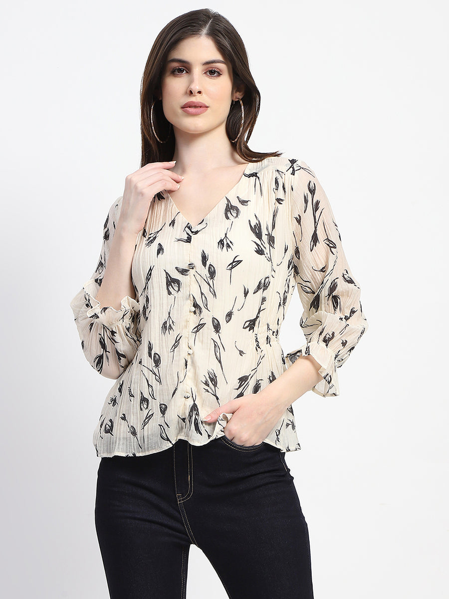 Madame Abstract Print V- Neck Black Top