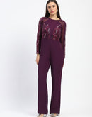 Madame Plum Embellished Mesh Wine Jumpsuit with Long Sleeves