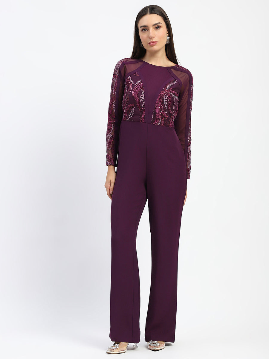 Madame Plum Embellished Mesh Wine Jumpsuit with Long Sleeves