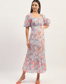 Madame Printed Fit And Flare Blue Cotton Maxi Dress