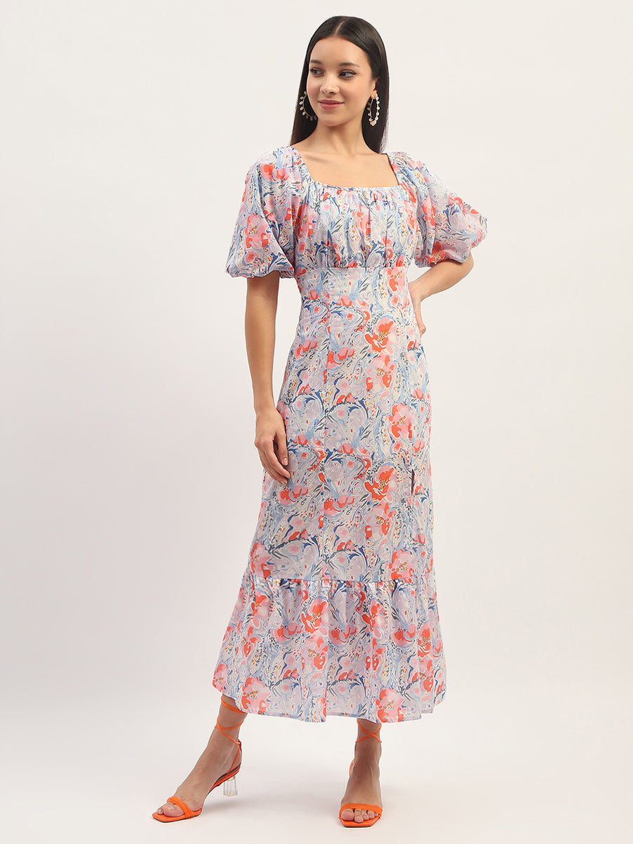 Madame Printed Fit And Flare Blue Cotton Maxi Dress