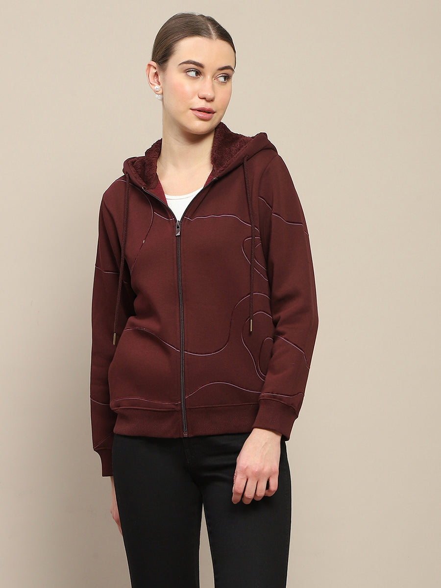 Madame Geometric Print Zipped Wine Hooded Sweatshirt