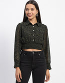 Madame Cinch Waist Marble Print Olive Crop Shirt