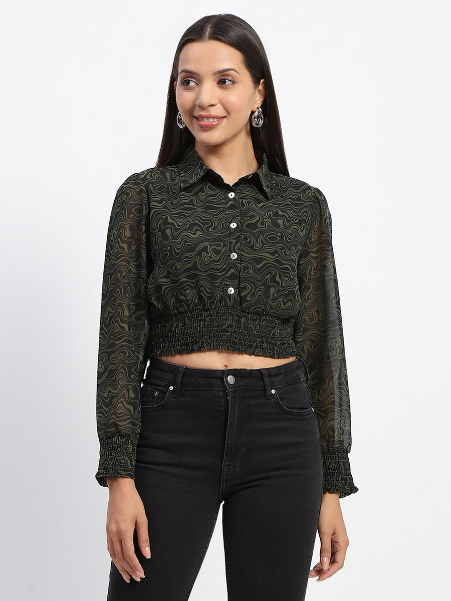 Madame Cinch Waist Marble Print Olive Crop Shirt