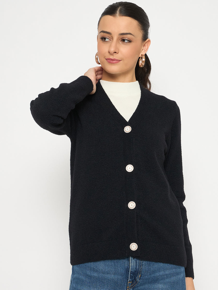 Madame V Neck Solid Black Cardigan