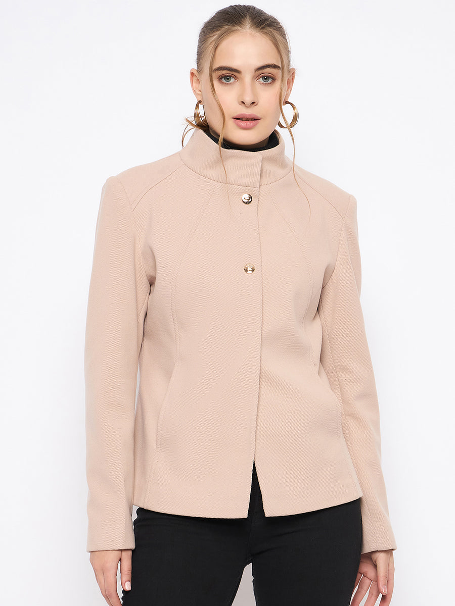 Madame Textured High Neck Beige Short Coat