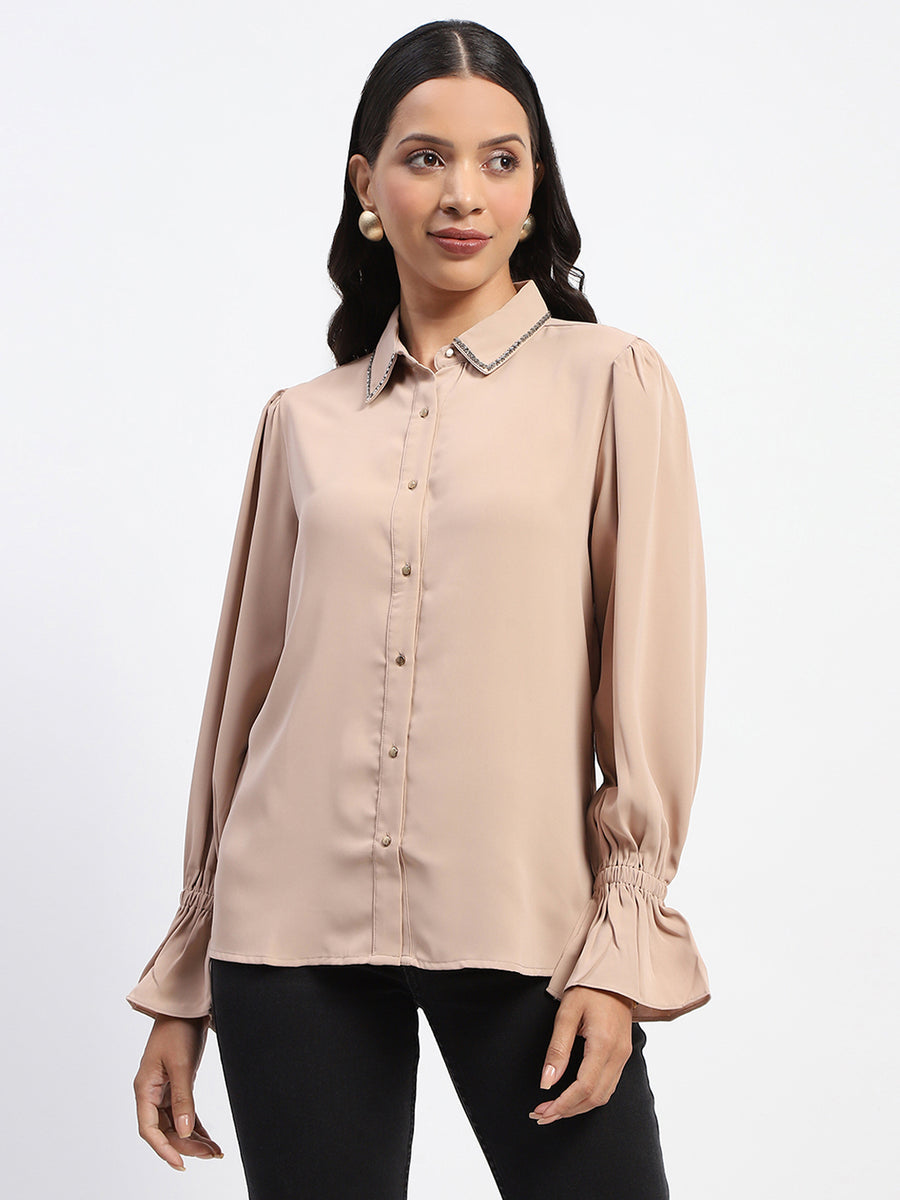 Madame Embellished Beige Button Down Shirt