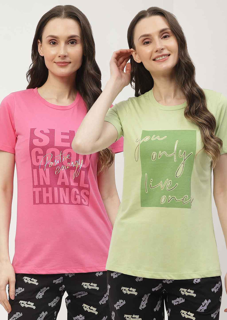 mSECRET Typography Hot Pink & Mint Green Combo T-shirt