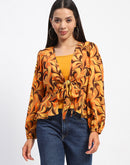 Madame Abstract Print Tie Front Yellow Top