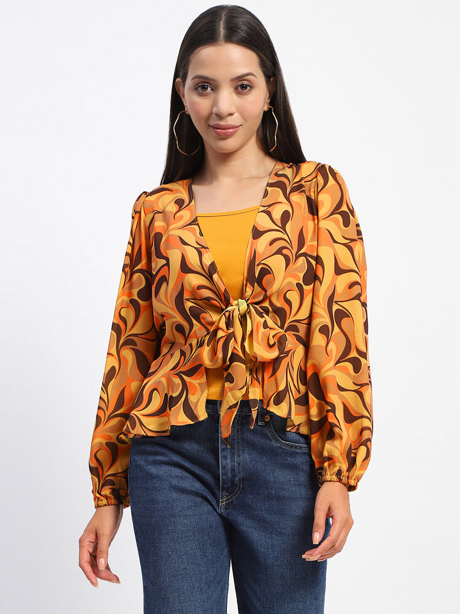 Madame Abstract Print Tie Front Yellow Top