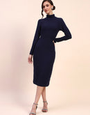 Camla Barcelona Ring Accented Shimmery Navy Midi Dress