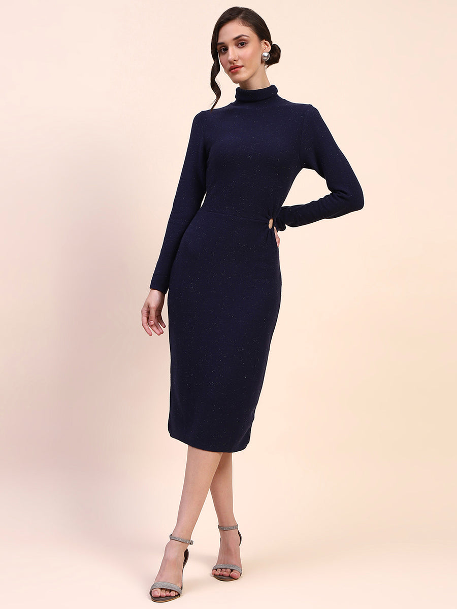 Camla Barcelona Ring Accented Shimmery Navy Midi Dress