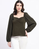 Madame Sweetheart Neck Elasticated Rush Detailed Solid Olive Knit moss Top