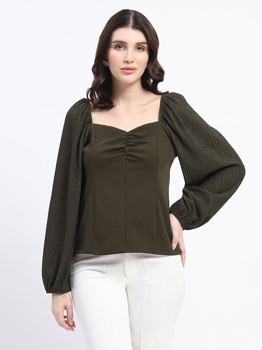 Madame Sweetheart Neck Elasticated Rush Detailed Solid Olive Knit moss Top