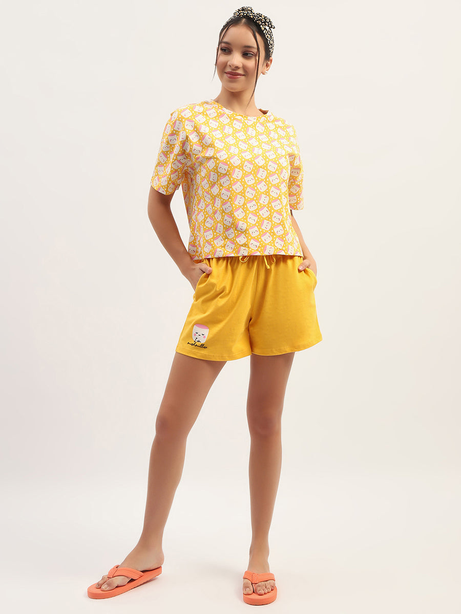 mSECRET Printed Cotton Mustard Top with Shorts